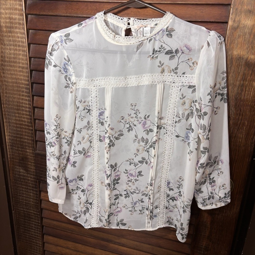 Lauren Conrad Runway Floral Sheer Lace Trim Long Sleeve Blouse Women's S